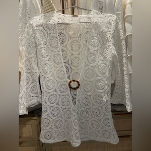 Dodo Bar Or White Crochet Swim Coverup with Tortoiseshell Ring